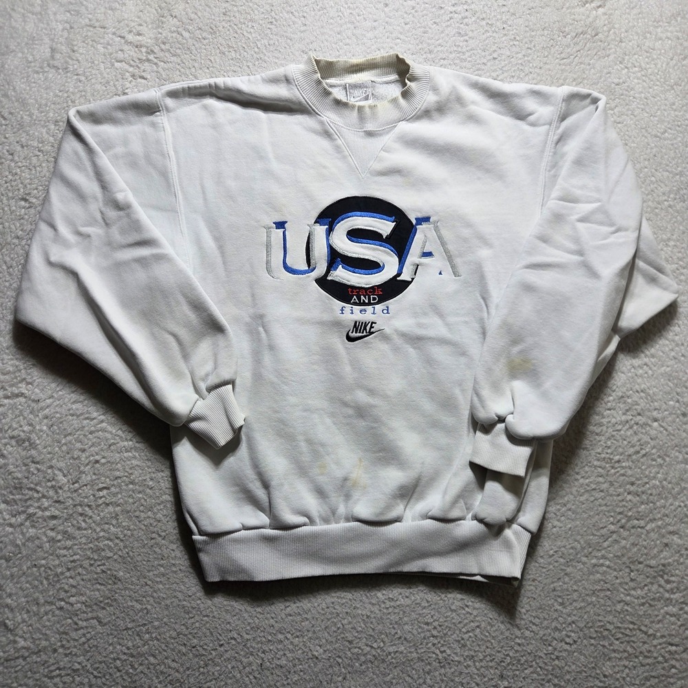 VTG 90s Nike Sweatshirt Mens M White USA Track and Field Embroidered Olympic